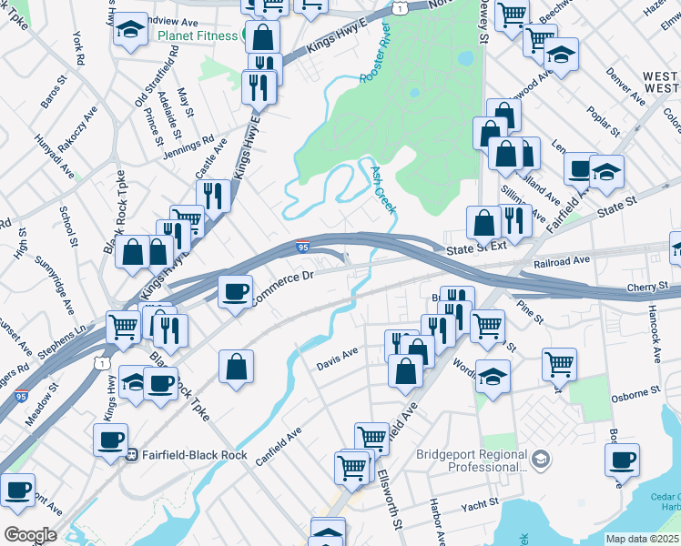 map of restaurants, bars, coffee shops, grocery stores, and more near 665 State Street Extension in Fairfield