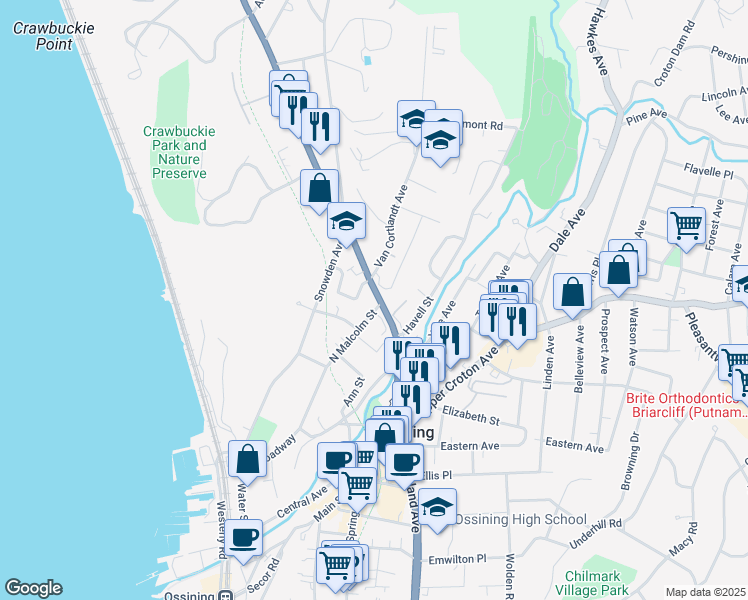 map of restaurants, bars, coffee shops, grocery stores, and more near 129 North Highland Avenue in Ossining