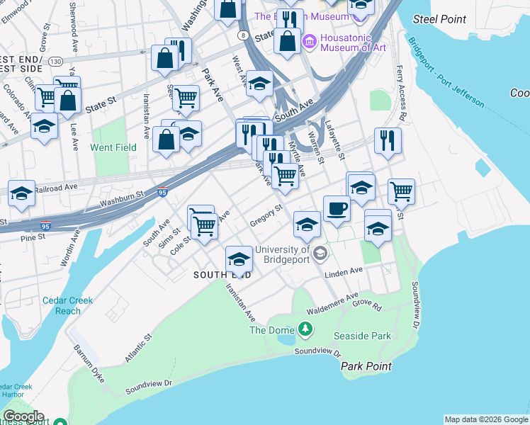 map of restaurants, bars, coffee shops, grocery stores, and more near 384 Gregory Street in Bridgeport