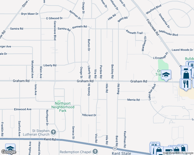 map of restaurants, bars, coffee shops, grocery stores, and more near 3995 Pardee Road in Stow