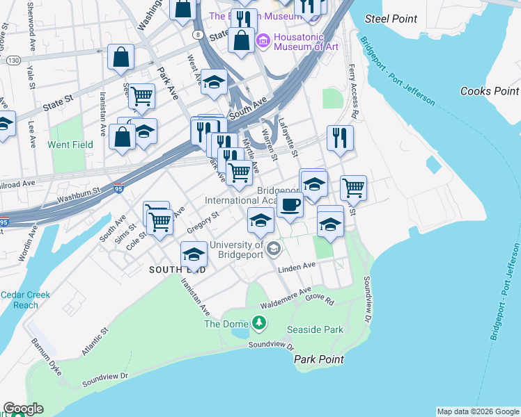 map of restaurants, bars, coffee shops, grocery stores, and more near 400 Atlantic Street in Bridgeport