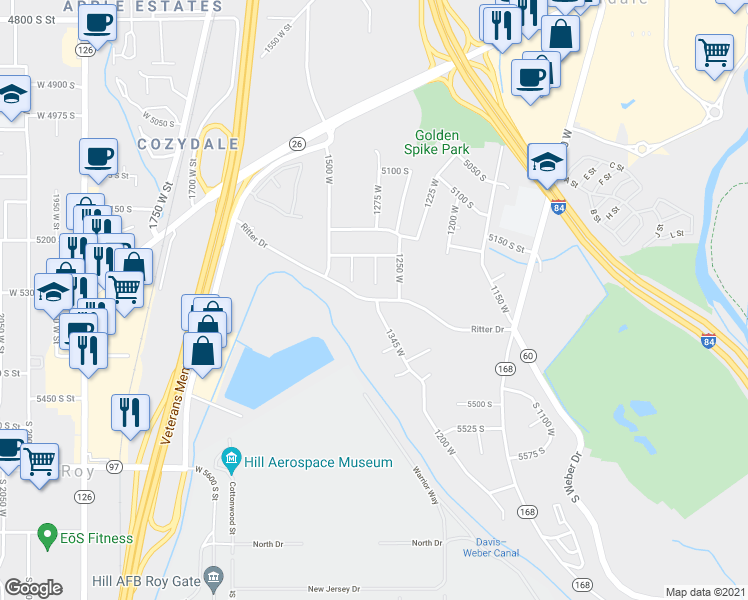 map of restaurants, bars, coffee shops, grocery stores, and more near 1386 Ritter Drive in Riverdale