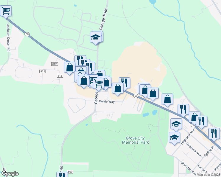 map of restaurants, bars, coffee shops, grocery stores, and more near 1506 West Main Street Extension in Grove City