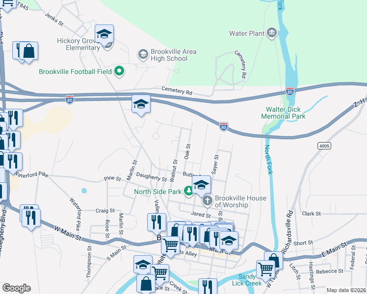 map of restaurants, bars, coffee shops, grocery stores, and more near 129 Walnut Street in Brookville