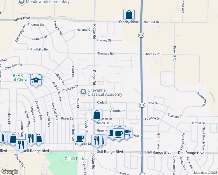 map of restaurants, bars, coffee shops, grocery stores, and more near 5245 Brianna Court in Cheyenne