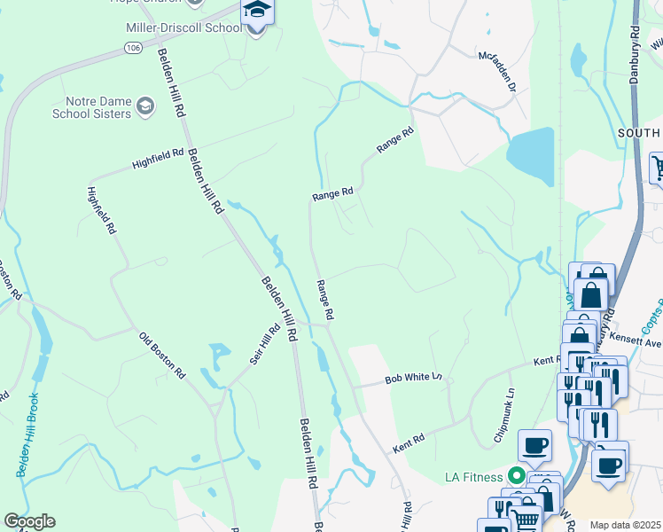 map of restaurants, bars, coffee shops, grocery stores, and more near 6 Valeview Road in Wilton