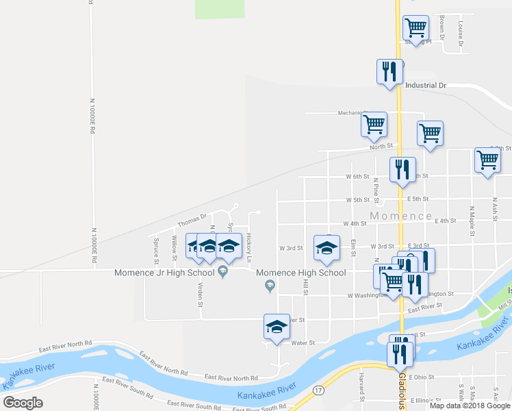 map of restaurants, bars, coffee shops, grocery stores, and more near 410 Hickory Circle in Momence
