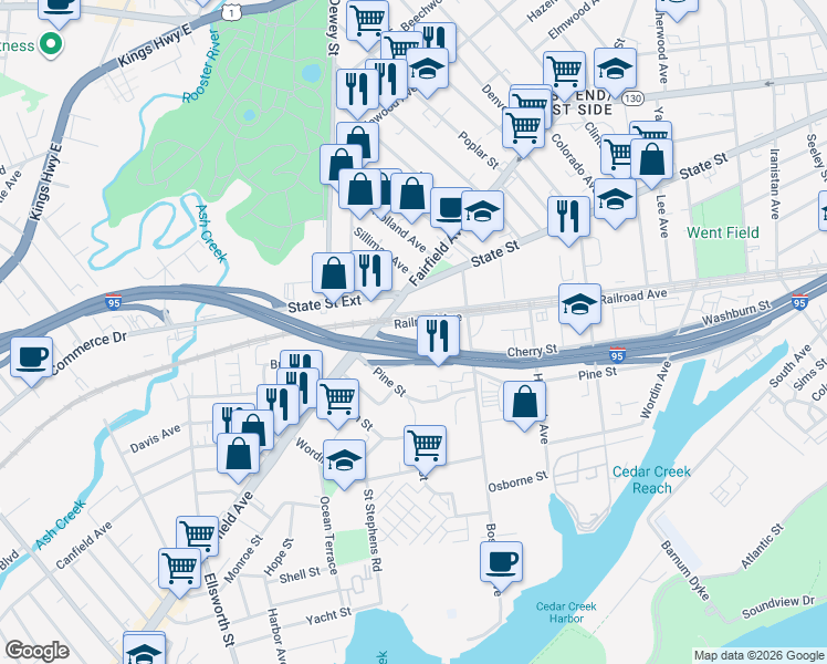 map of restaurants, bars, coffee shops, grocery stores, and more near 1591 Railroad Avenue in Bridgeport