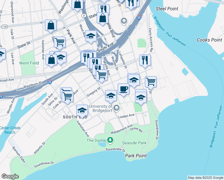 map of restaurants, bars, coffee shops, grocery stores, and more near 325 Myrtle Avenue in Bridgeport