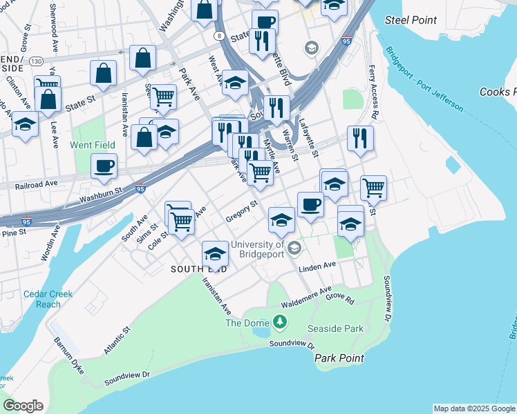 map of restaurants, bars, coffee shops, grocery stores, and more near in Bridgeport