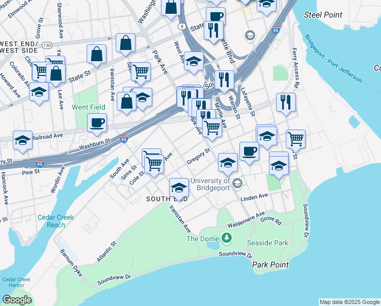 map of restaurants, bars, coffee shops, grocery stores, and more near 45 Park Terrace in Bridgeport