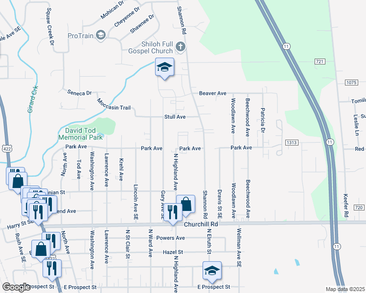 map of restaurants, bars, coffee shops, grocery stores, and more near 500 Park Avenue in Girard