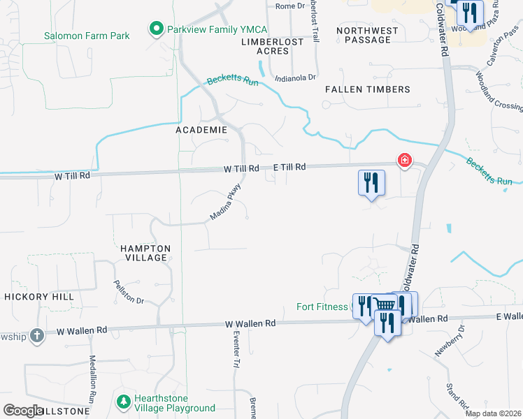 map of restaurants, bars, coffee shops, grocery stores, and more near 118 East Till Road in Fort Wayne