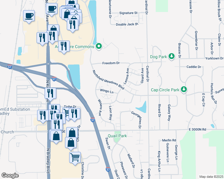 map of restaurants, bars, coffee shops, grocery stores, and more near 1510 Northfield Meadows Boulevard in Bourbonnais