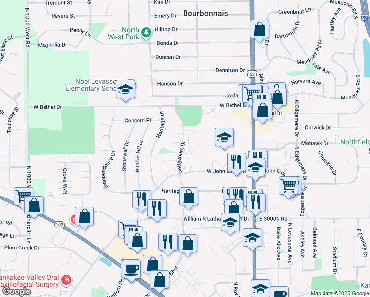 map of restaurants, bars, coffee shops, grocery stores, and more near 818 Gettysburg Court in Bourbonnais