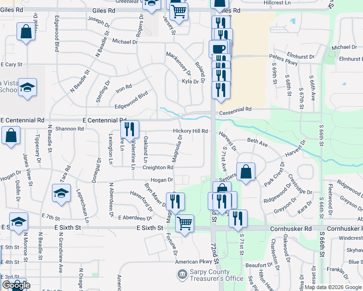 map of restaurants, bars, coffee shops, grocery stores, and more near 1024 Tekamah Lane in Papillion