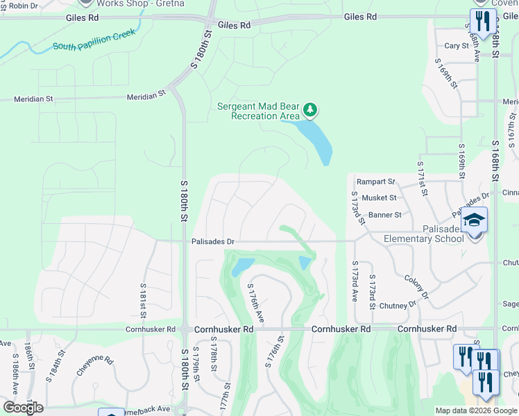 map of restaurants, bars, coffee shops, grocery stores, and more near 9216 177th Street in Omaha
