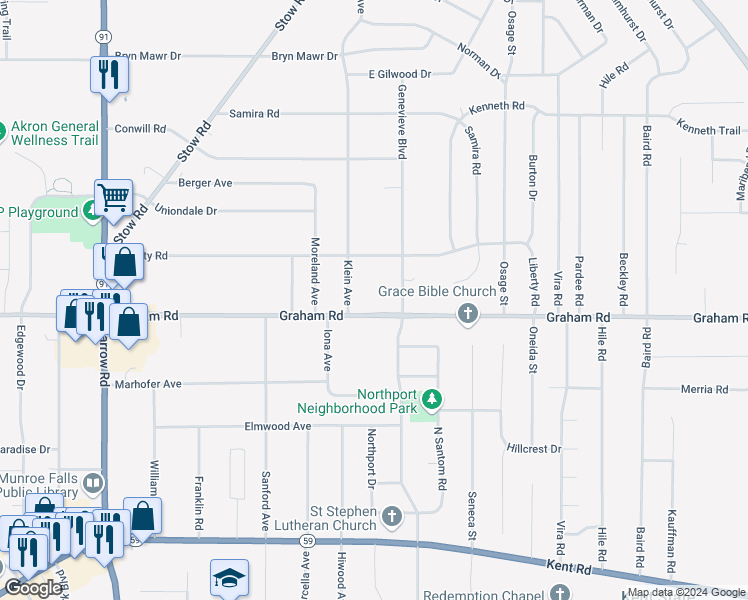 map of restaurants, bars, coffee shops, grocery stores, and more near 3861 Klein Avenue in Stow