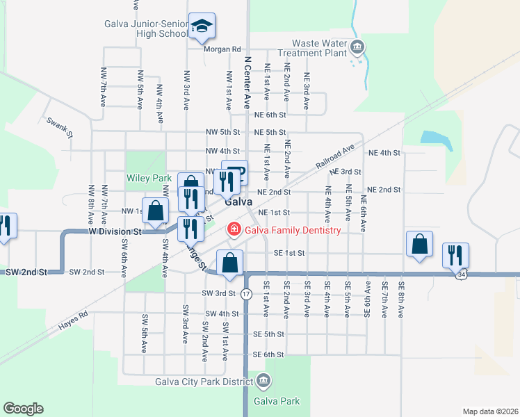 map of restaurants, bars, coffee shops, grocery stores, and more near 100 Northeast 1st Street in Galva