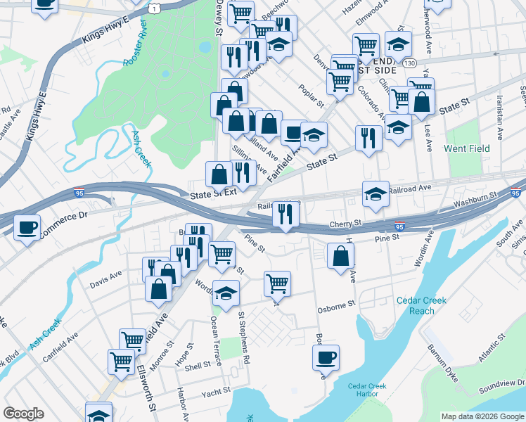 map of restaurants, bars, coffee shops, grocery stores, and more near 1591 Railroad Avenue in Bridgeport