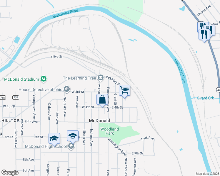 map of restaurants, bars, coffee shops, grocery stores, and more near 239 Pennsylvania Avenue in McDonald