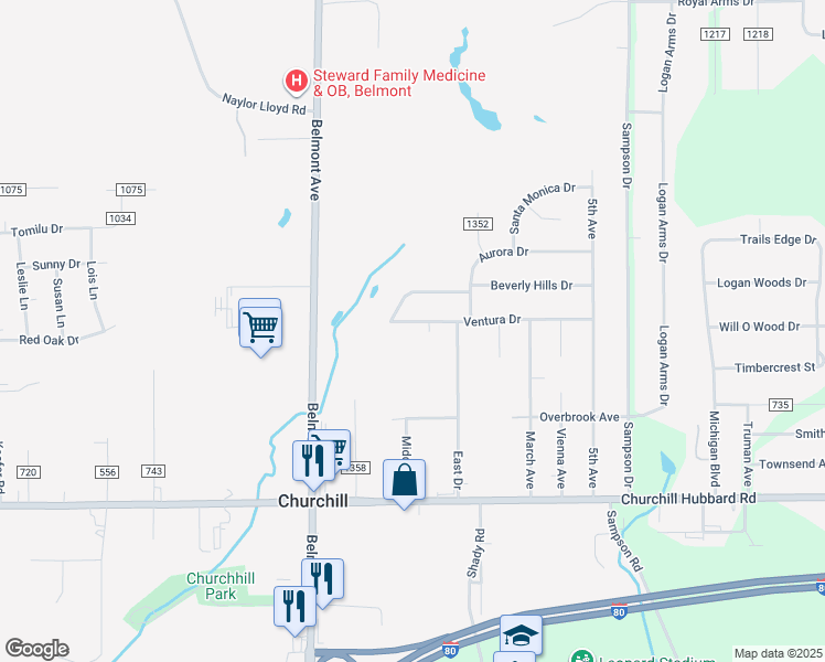 map of restaurants, bars, coffee shops, grocery stores, and more near 317 Ventura Drive in Youngstown