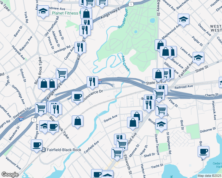 map of restaurants, bars, coffee shops, grocery stores, and more near 80 Commerce Drive in Fairfield
