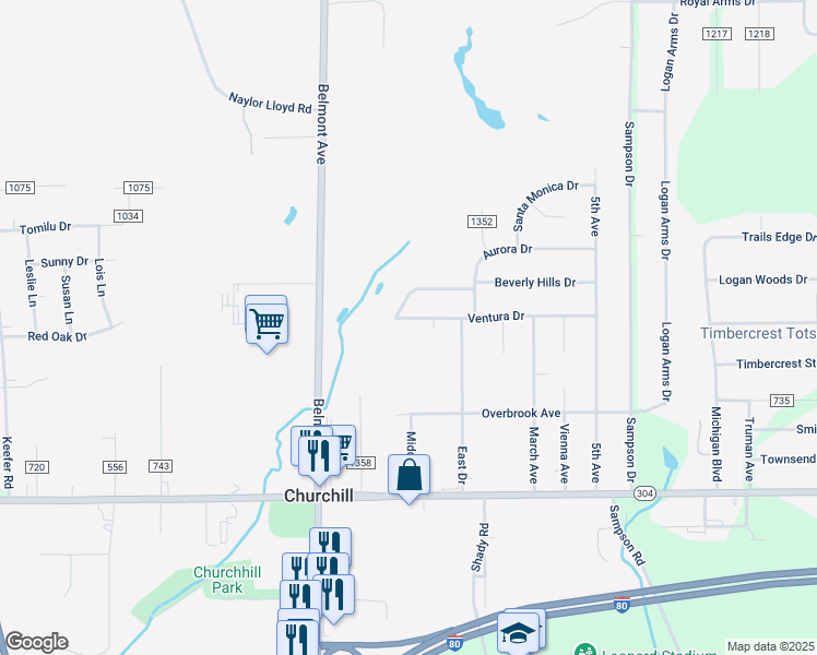 map of restaurants, bars, coffee shops, grocery stores, and more near 311 Ventura Drive in Youngstown
