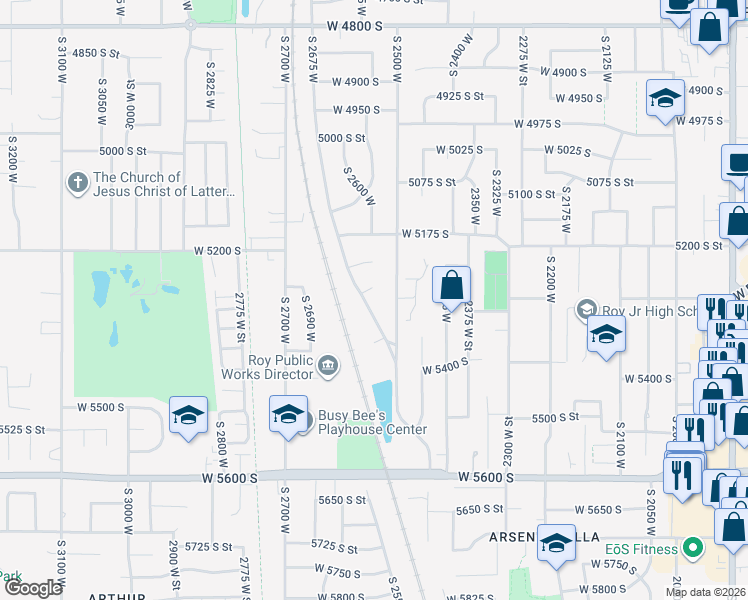 map of restaurants, bars, coffee shops, grocery stores, and more near 2669 West 5250 South in Roy