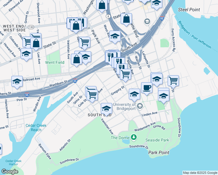 map of restaurants, bars, coffee shops, grocery stores, and more near 136 Columbia Street in Bridgeport