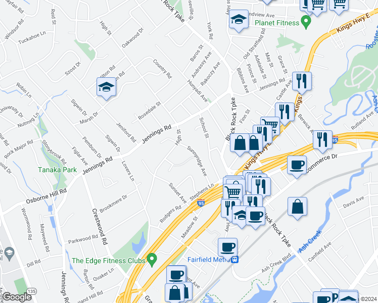 map of restaurants, bars, coffee shops, grocery stores, and more near 240 Sunnyridge Avenue in Fairfield