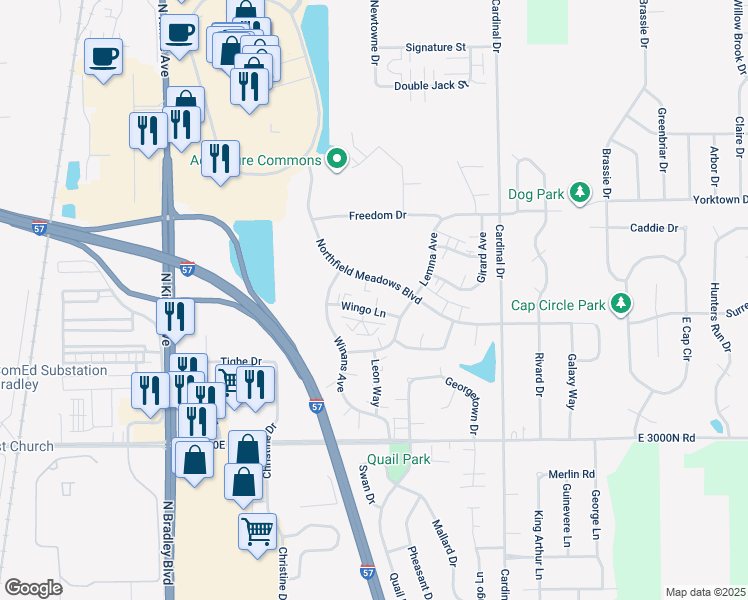 map of restaurants, bars, coffee shops, grocery stores, and more near 1527 Wingo Lane in Bourbonnais