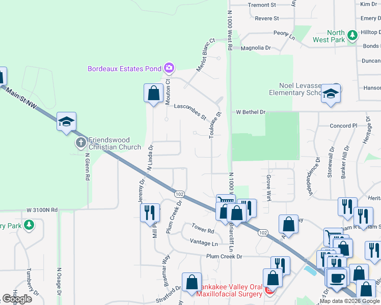 map of restaurants, bars, coffee shops, grocery stores, and more near 1176 Cotes De Bourge Street in Bourbonnais