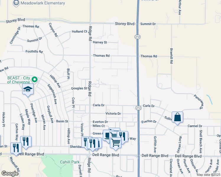 map of restaurants, bars, coffee shops, grocery stores, and more near 3612 Carla Drive in Cheyenne