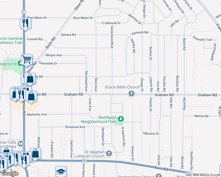 map of restaurants, bars, coffee shops, grocery stores, and more near 3856 Genevieve Boulevard in Stow