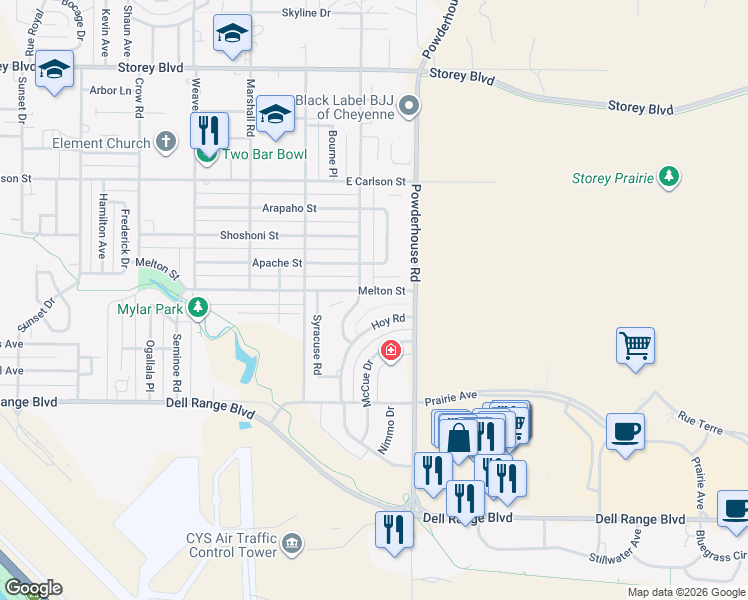 map of restaurants, bars, coffee shops, grocery stores, and more near 1005 Melton St in Cheyenne