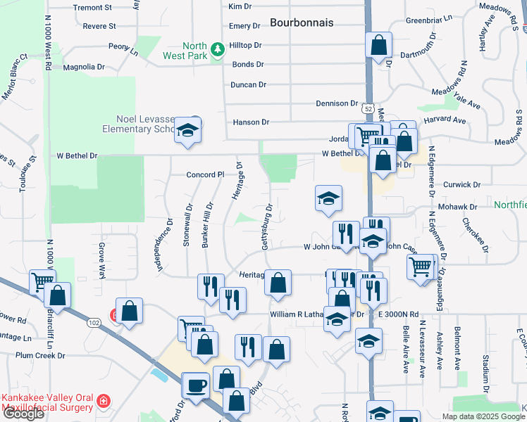 map of restaurants, bars, coffee shops, grocery stores, and more near 818 Gettysburg Court in Bourbonnais