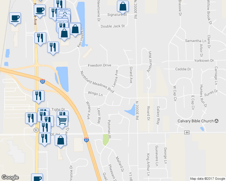 map of restaurants, bars, coffee shops, grocery stores, and more near 1495 Northfield Meadows Boulevard in Bourbonnais