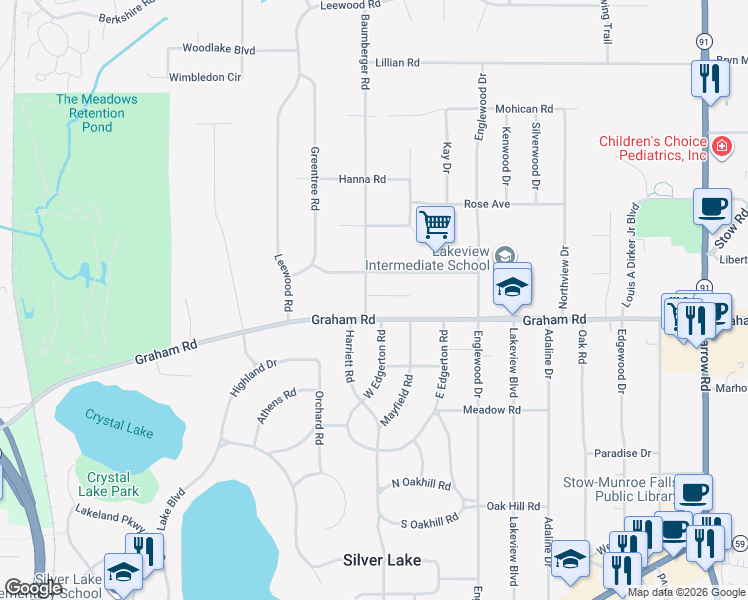 map of restaurants, bars, coffee shops, grocery stores, and more near 1563 Dallas Drive in Stow
