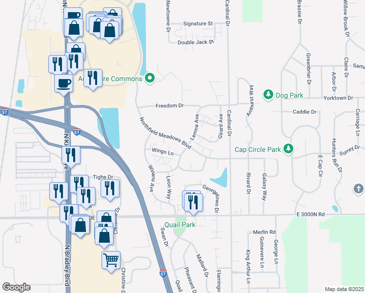 map of restaurants, bars, coffee shops, grocery stores, and more near 1500 Northfield Meadows Boulevard in Bourbonnais