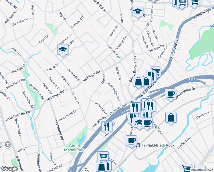 map of restaurants, bars, coffee shops, grocery stores, and more near 240 Sunnyridge Avenue in Fairfield