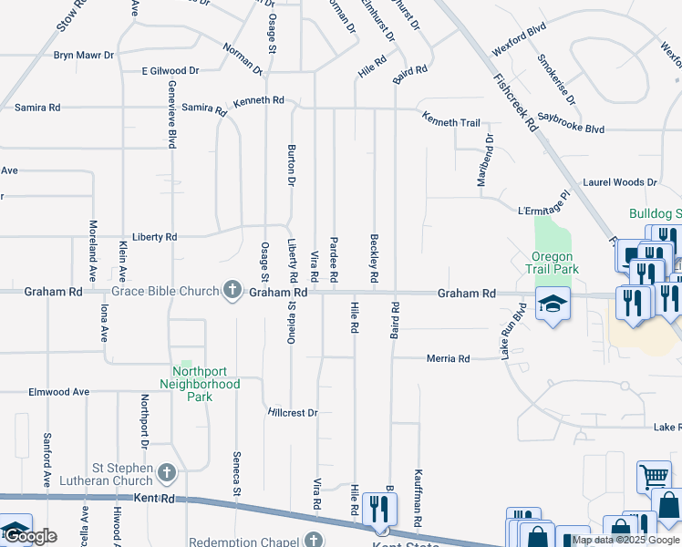 map of restaurants, bars, coffee shops, grocery stores, and more near 3995 Pardee Road in Stow
