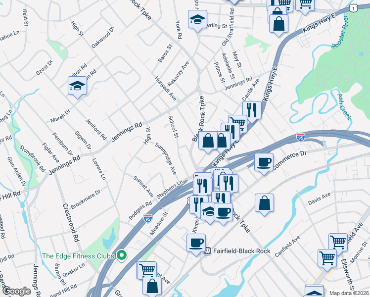 map of restaurants, bars, coffee shops, grocery stores, and more near 53 School Street in Fairfield