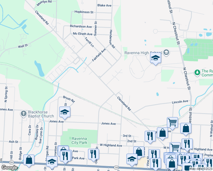 map of restaurants, bars, coffee shops, grocery stores, and more near 858 Cleveland Road in Ravenna