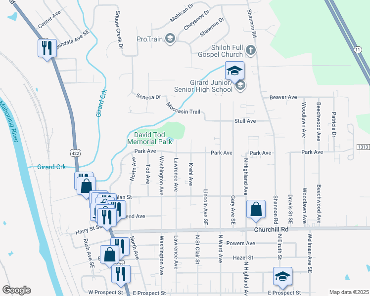 map of restaurants, bars, coffee shops, grocery stores, and more near 200 Park Avenue in Girard