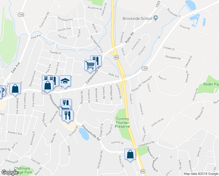 map of restaurants, bars, coffee shops, grocery stores, and more near 4 Mohegan Road in Ossining