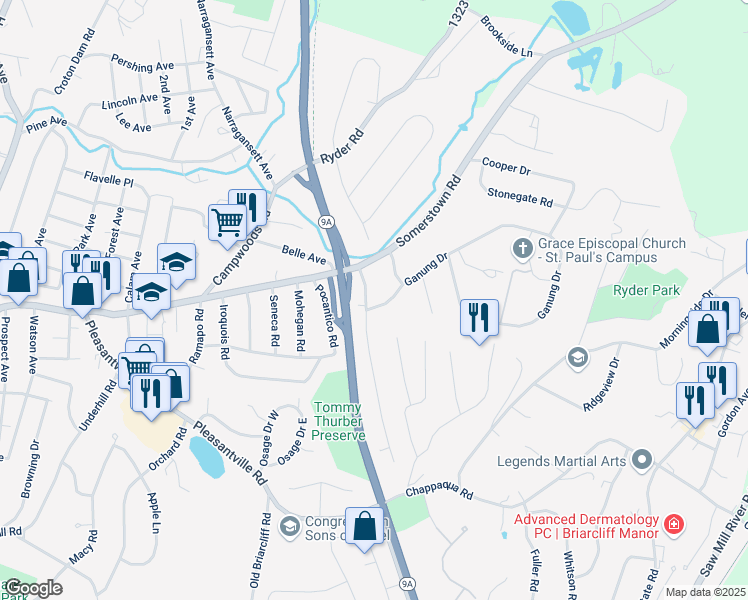 map of restaurants, bars, coffee shops, grocery stores, and more near 6 Donald Lane in Ossining