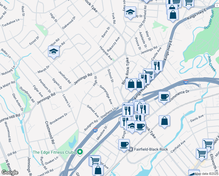 map of restaurants, bars, coffee shops, grocery stores, and more near 99 School Street in Fairfield
