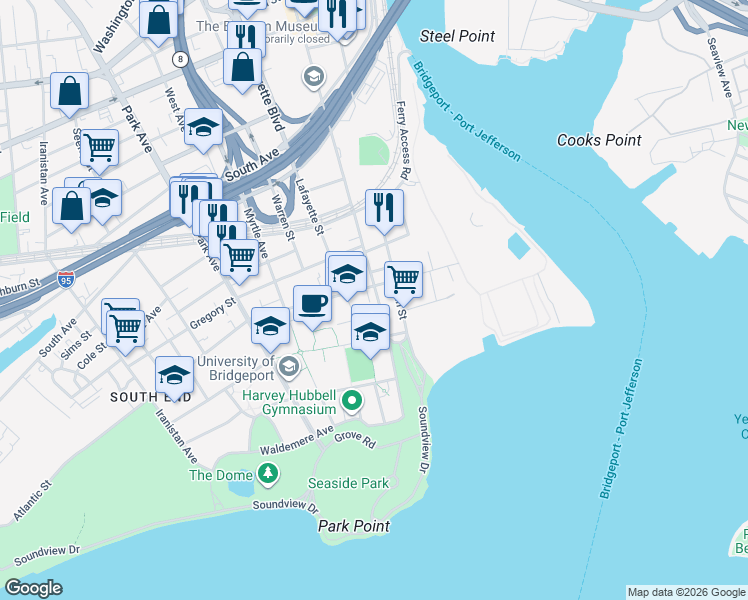 map of restaurants, bars, coffee shops, grocery stores, and more near 282 Broad Street in Bridgeport