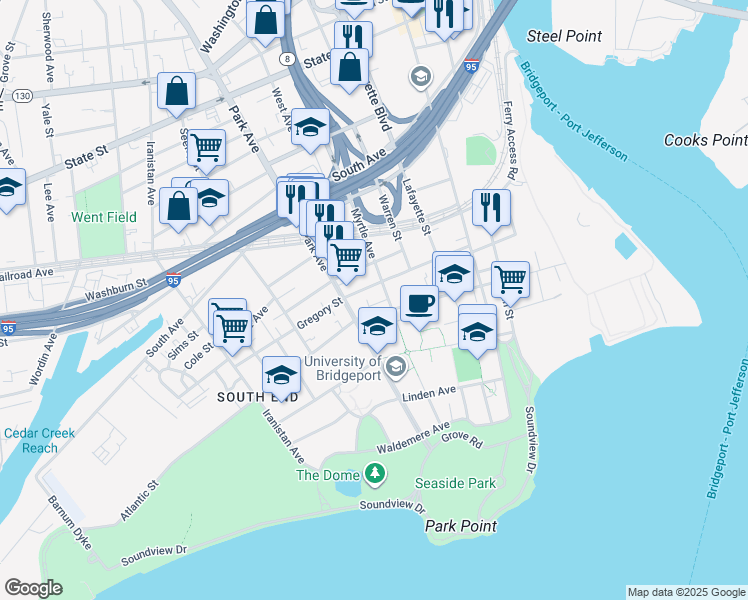map of restaurants, bars, coffee shops, grocery stores, and more near 325 Myrtle Avenue in Bridgeport